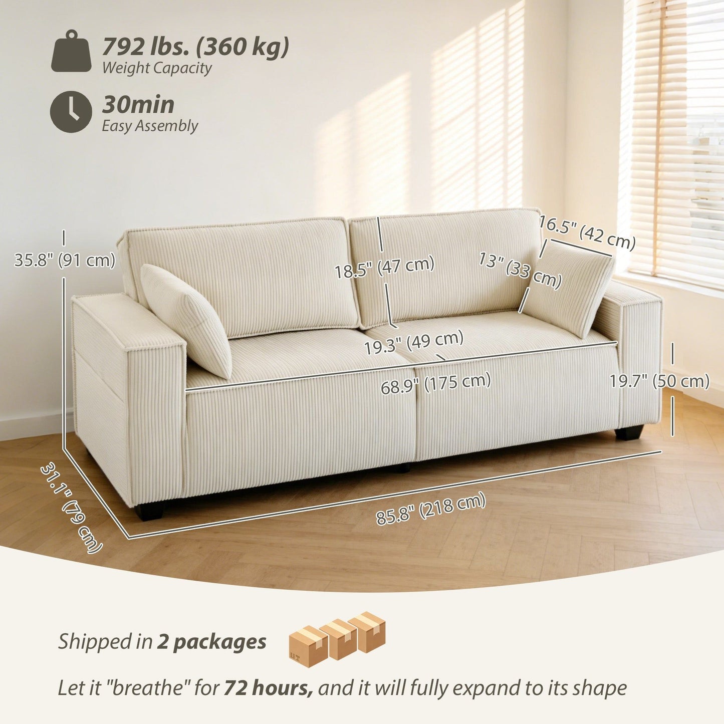 86" 3-Seater Corduroy Sofa - Beige