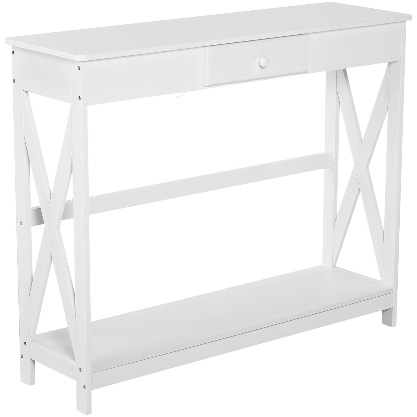 39" Console Table, 2 Tier X-Design Narrow Entryway Table with Drawer and Storage Shelf for Behind Couch, Living Room, Hallway, White