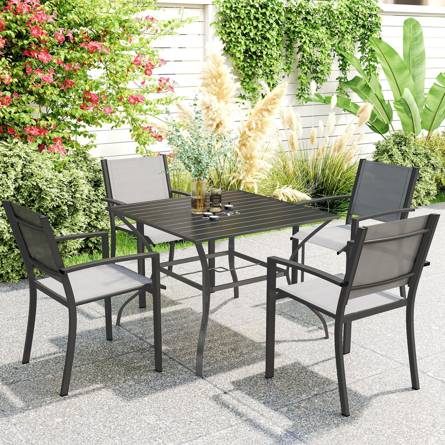 Square Outdoor Patio Dining Table, Garden Table with Umbrella Hole, Slatted Metal Top for Backyard, Poolside, Dark Grey