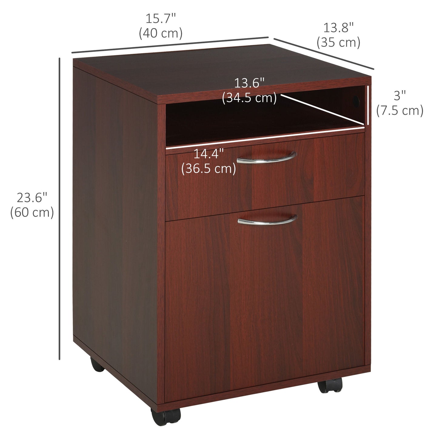 24" Small Filing Cabinet with Open Compartment, Drawer and Wheels, Home Office Storage Cabinet, Espresso