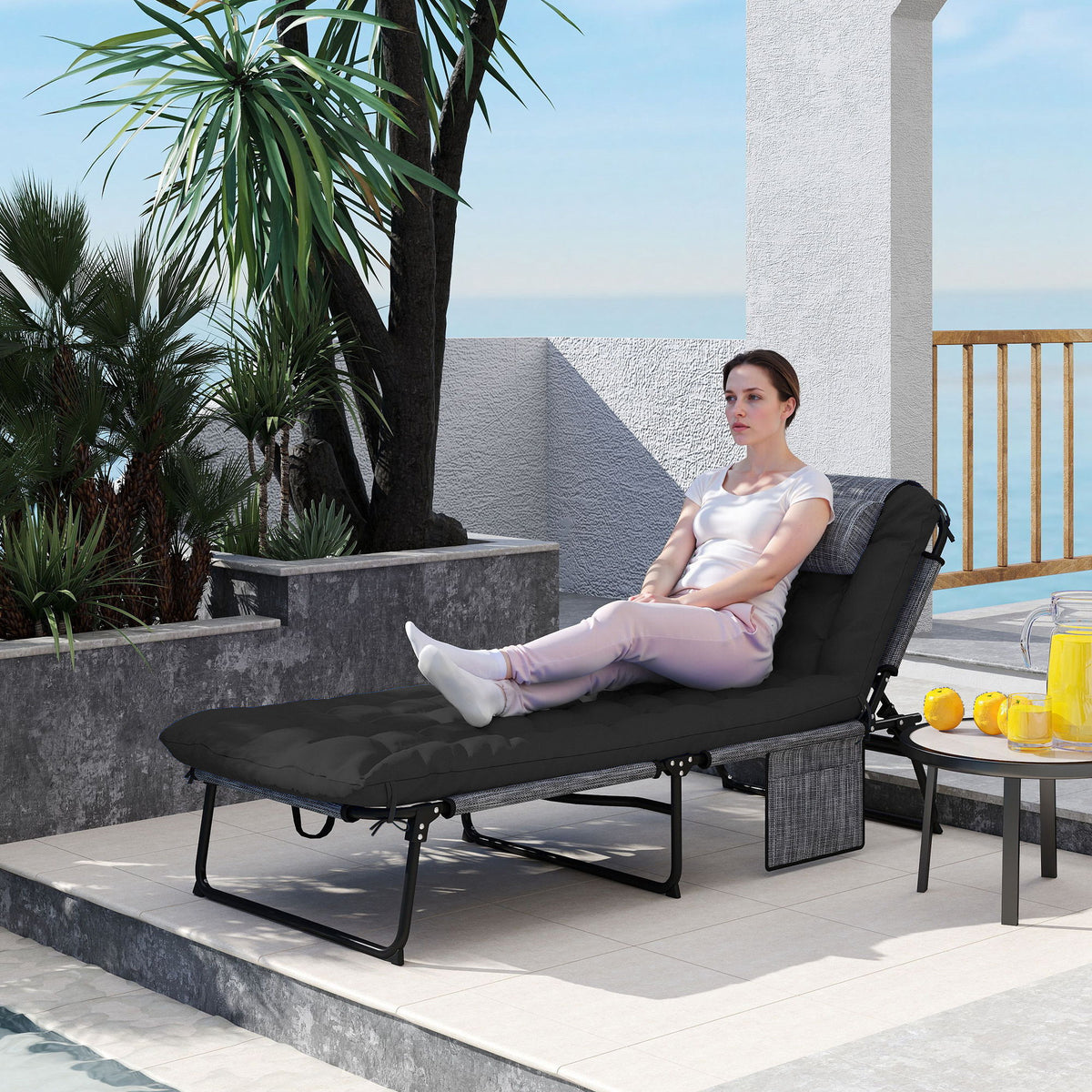 Folding Lounge Chair with 4-level Reclining Back & Cushion, Black