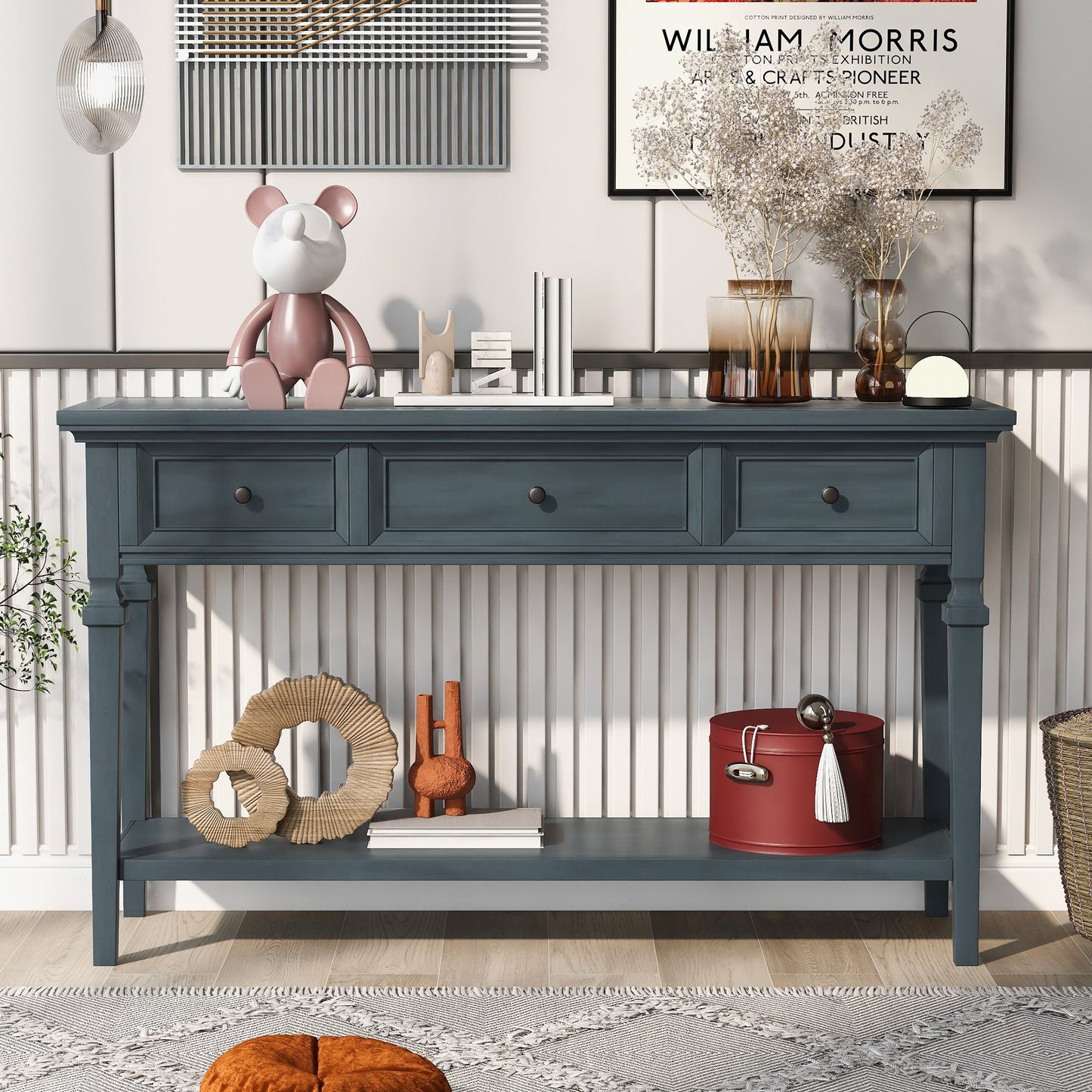Classic Retro Console Table with 3 Drawers, Open Shelf, Solid Pine Wood Frame, Vintage Metal Handles, 50" L x 15" W x 30" H, Navy