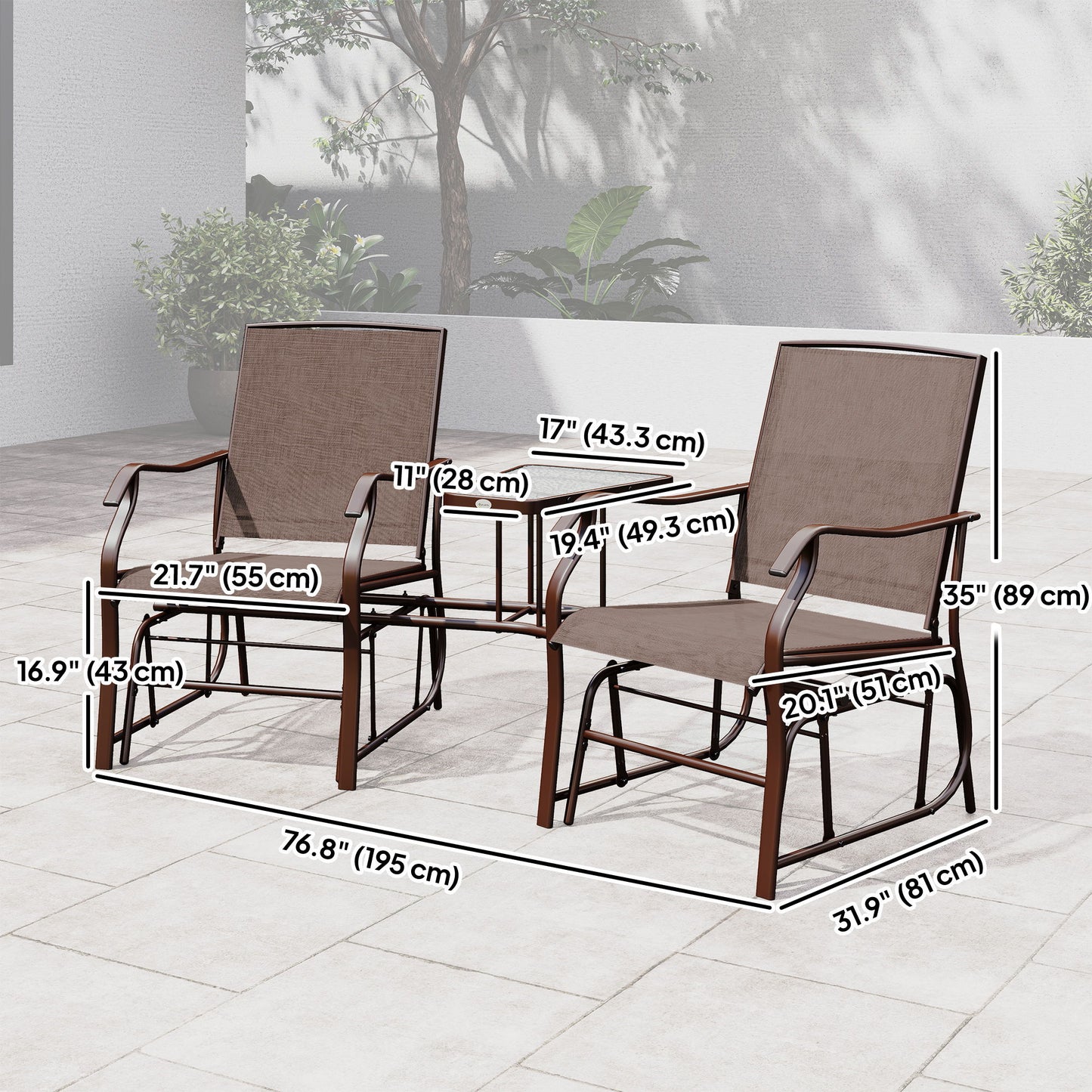 Double Patio Glider Chair with Glass Top Center Table, Outdoor Glider Loveseat with High Back, All Weather Breathable Mesh Fabric for Garden, Backyard, Deck, Brown