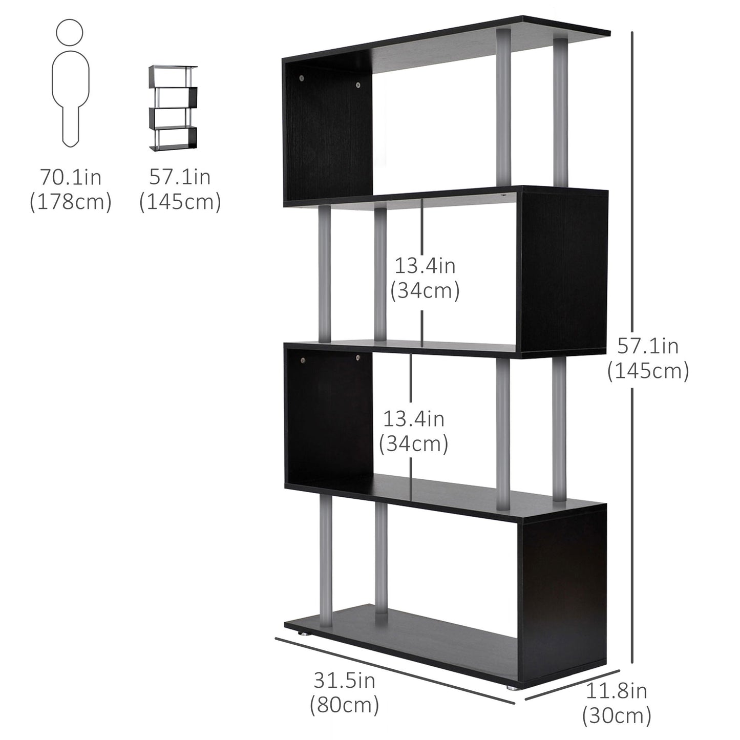 5-Tiers Geometric Wooden Bookcase S-Shaped Storage Bookshelf Display with Metal Frame for Living Room, Bedroom, Home Office, Black