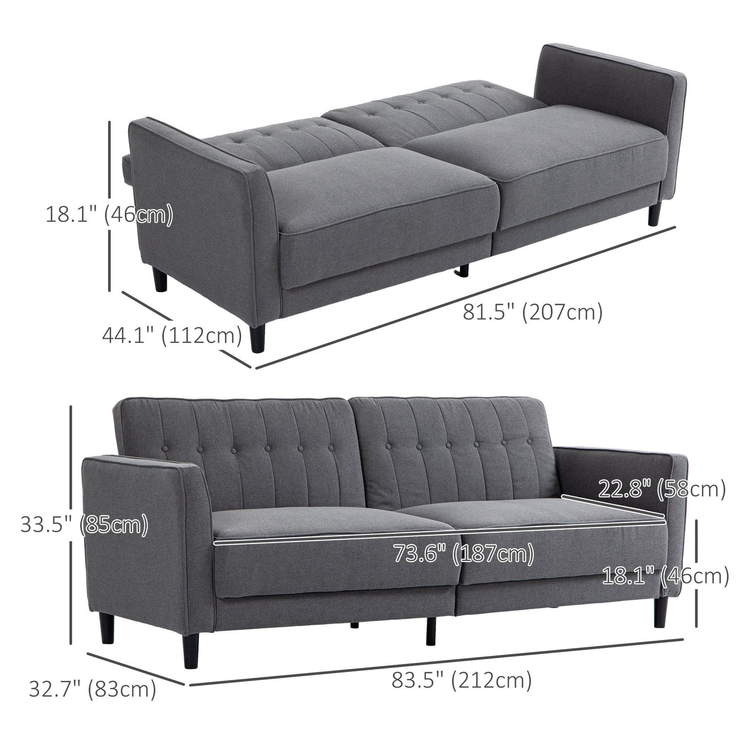 Convertible Tufted Sofa Bed with Adjustable Back - Charcoal Grey