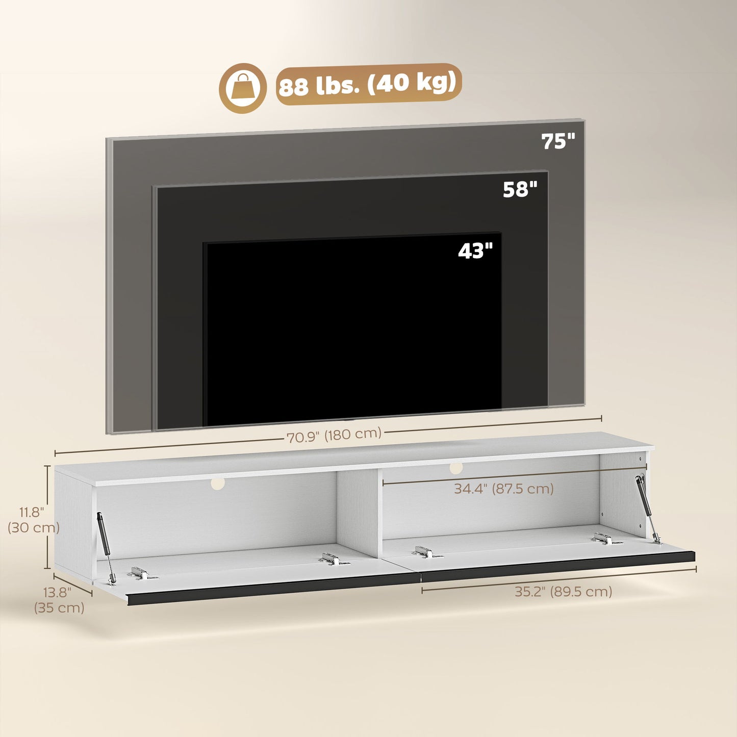 Wall Mounted TV Stand, Floating TV Cabinet with Storage, for TVs up to 80", High Gloss Effect, White