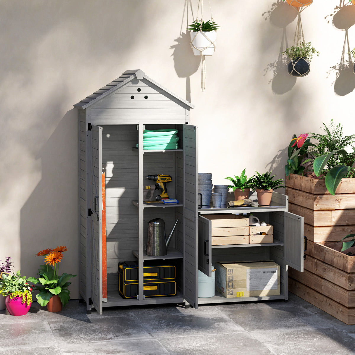 2-in-1 Outdoor Storage Cabinet, Wood Garden Shed with Shelves, Vent Holes, Foot Caps for Backyard, Patio, Lawn