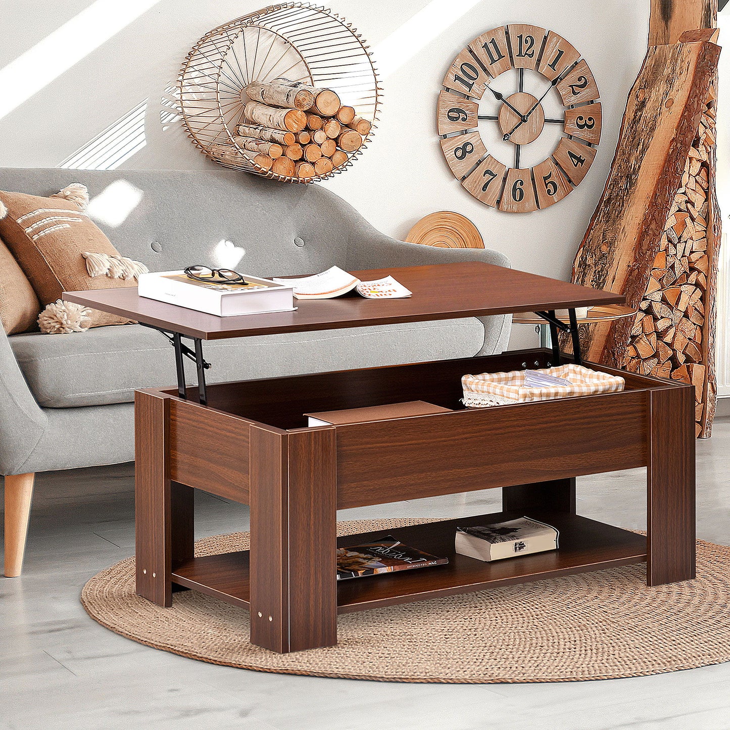 Lift Top Coffee Table with Hidden Storage Compartment and Open Shelf, Center Table for Living Room, Brown