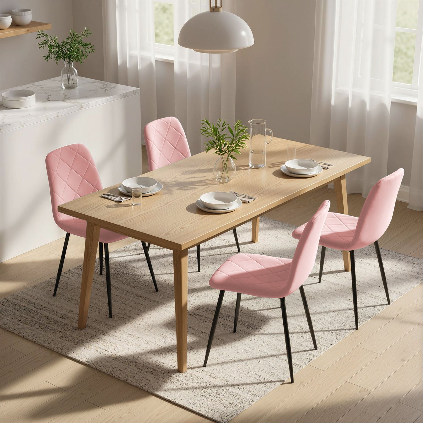 Dining Chairs Set of 4, Upholstered Dining Room Chairs with Steel Legs, Modern Kitchen Chair for Dining Room, Pink