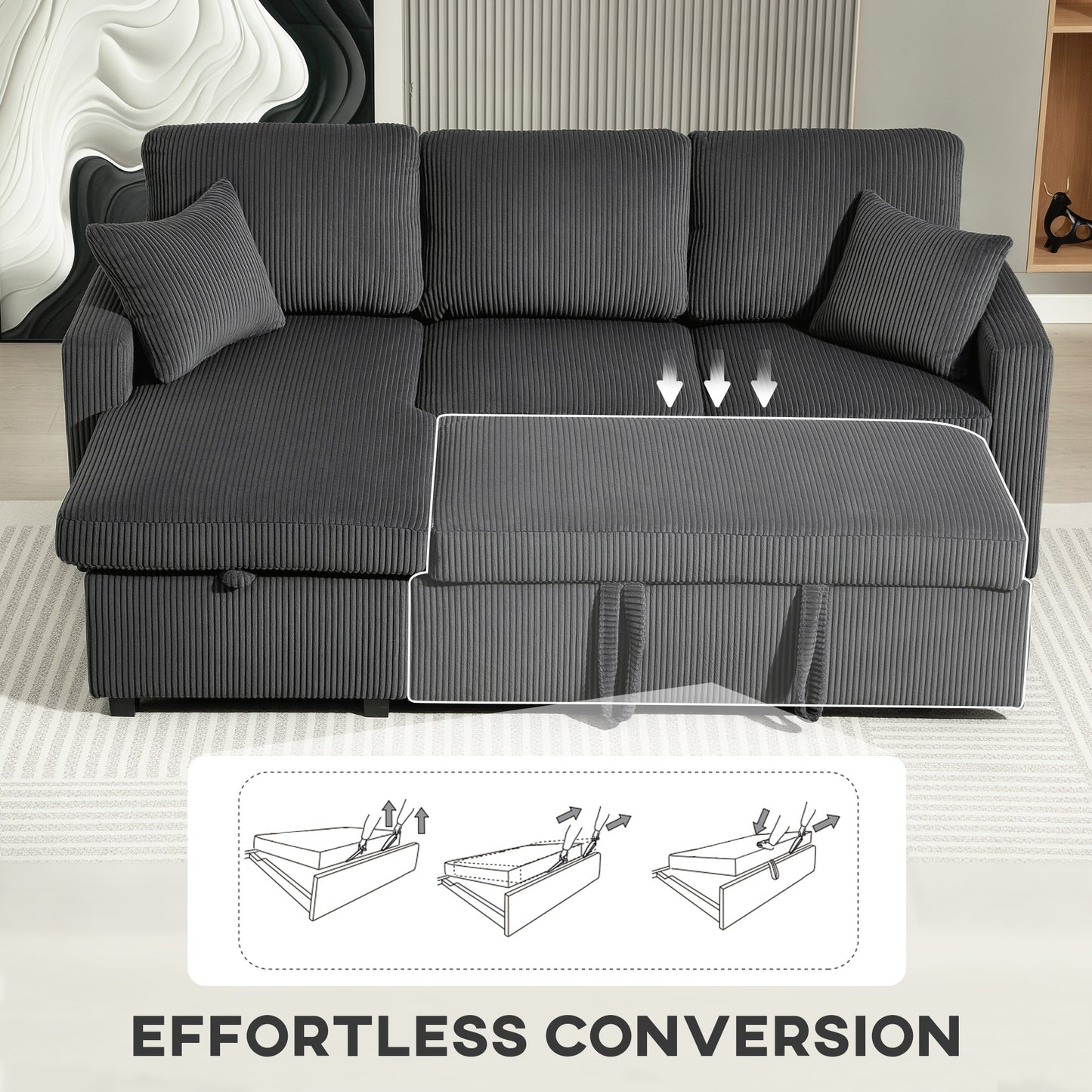 81" Pull-Out Corduroy Sofa Bed with Storage - Dark Grey