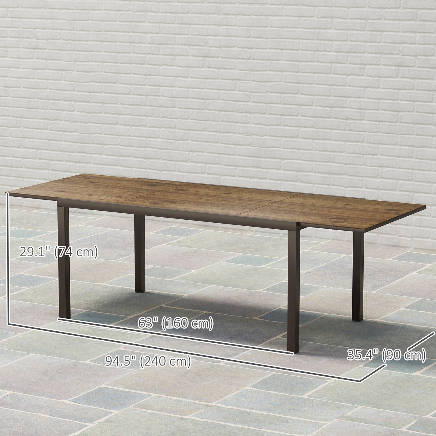 63"-94.5" Extendable Patio Dining Table for 6-8 Person, Outdoor Dining Table with Aluminium Edging, Steel Frame, Brown