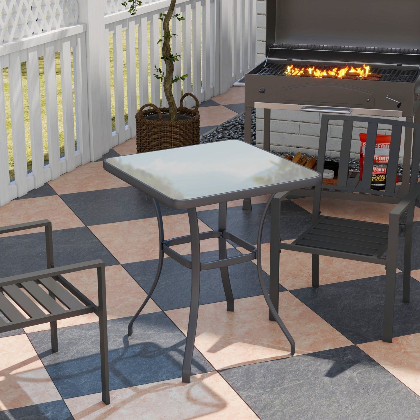 27" Patio Square Table with Tempered Glass Top Outdoor Dining Bar Table Steel Backyard Bistro Table Steel Frame