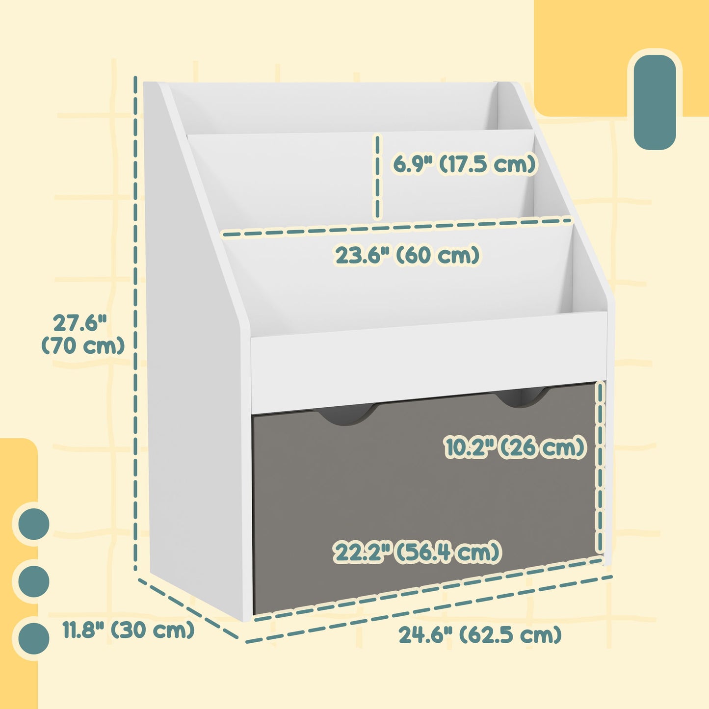 Kids Bookshelf with 3 Tier Display Shelves, Drawer for Nursery, Grey