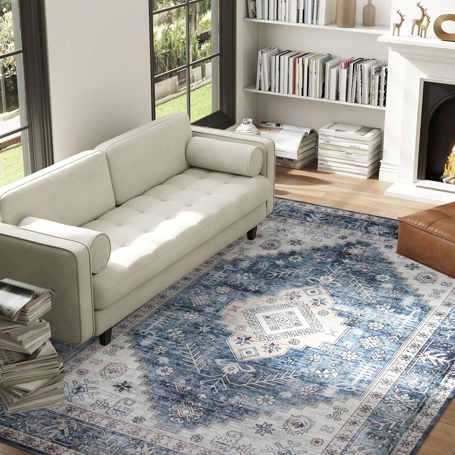 6x9 Area Rug, Vintage Machine Washable Rug, Non-Slip Floor Carpet for Living Room, Bedroom, Dining Room, Blue