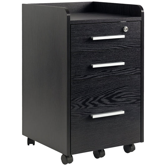 3-Drawer Filing Cabinet with Lock on Wheels - Black