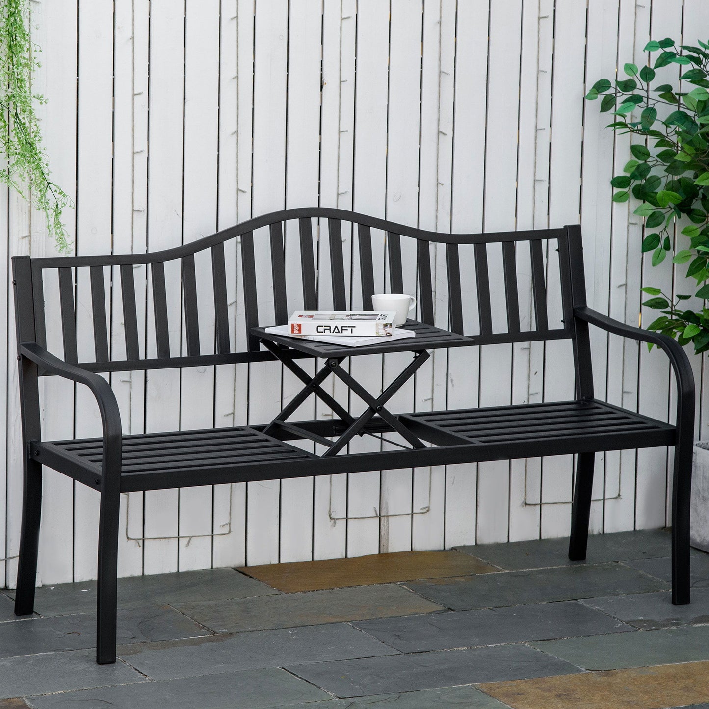 Metal Outdoor Bench with Liftable Middle Table, Patio Loveseat, Garden Bench for Lawn, Porch, Seats 2–3 People, Black