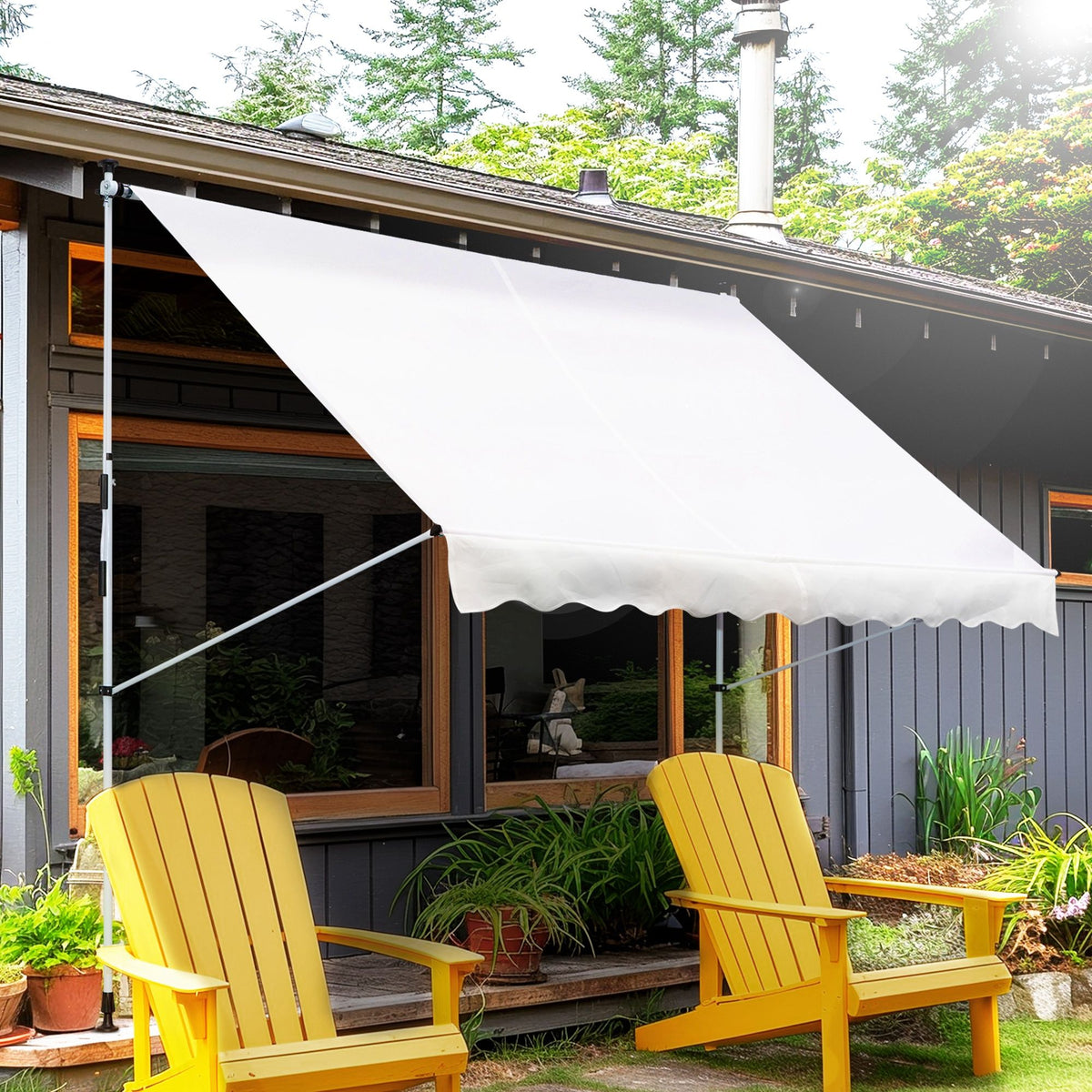 10x5ft Manual Retractable Awning, Patio Sun Shade Canopy Shelter with 5.6-9.2ft Support Pole, Water Resistant UV Protector, for Window, Door, Porch, Deck, White