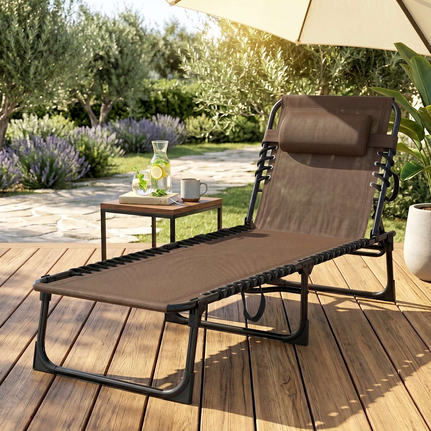 Outdoor Folding Chaise Lounge, Reclining Lounge Chair with Adjustable Backrest and Removable Pillow, Brown