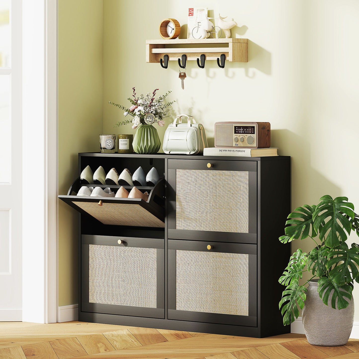 Narrow Shoe Storage Cabinet, Rattan Shoe Cabinet with 4 Flip Drawers and Adjustable Shelves for 20 Pairs, Black