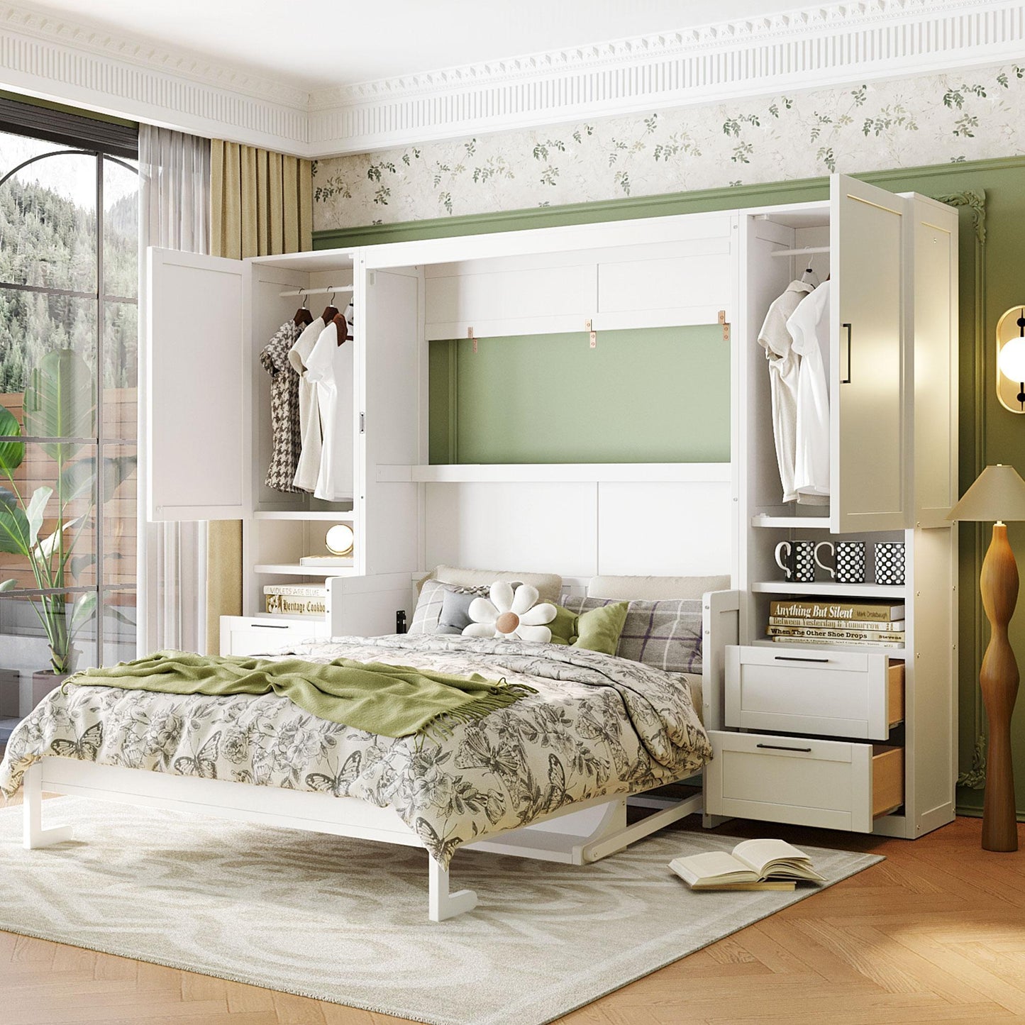 Queen Size Murphy Wall Bed with Built‑in Wardrobes, Drawers, Space‑Saving Bed with Integrated Storage, 113.5'' L x 16.5'' W x 87'' H, White