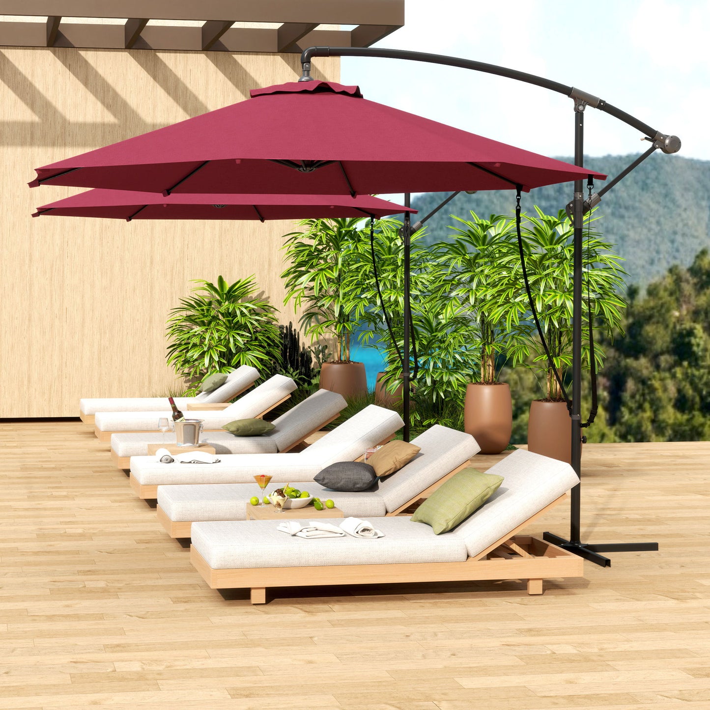 9.5' Cantilever Umbrella with Wind Protection Strap and Cover, Hanging Umbrella with Crank and Cross Base, UPF 50+, Red