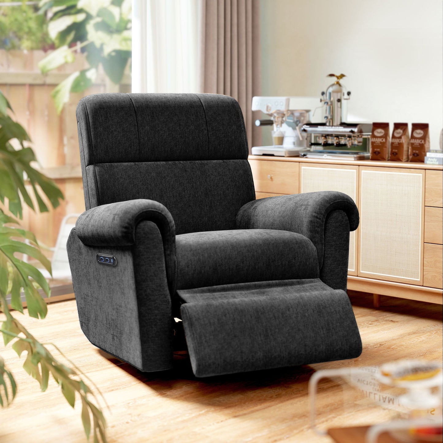 Power Recliner Chair, Fabric Upholstered Recliner Chair with USB Ports, Swivel and Rocking Function, Footrest, Black