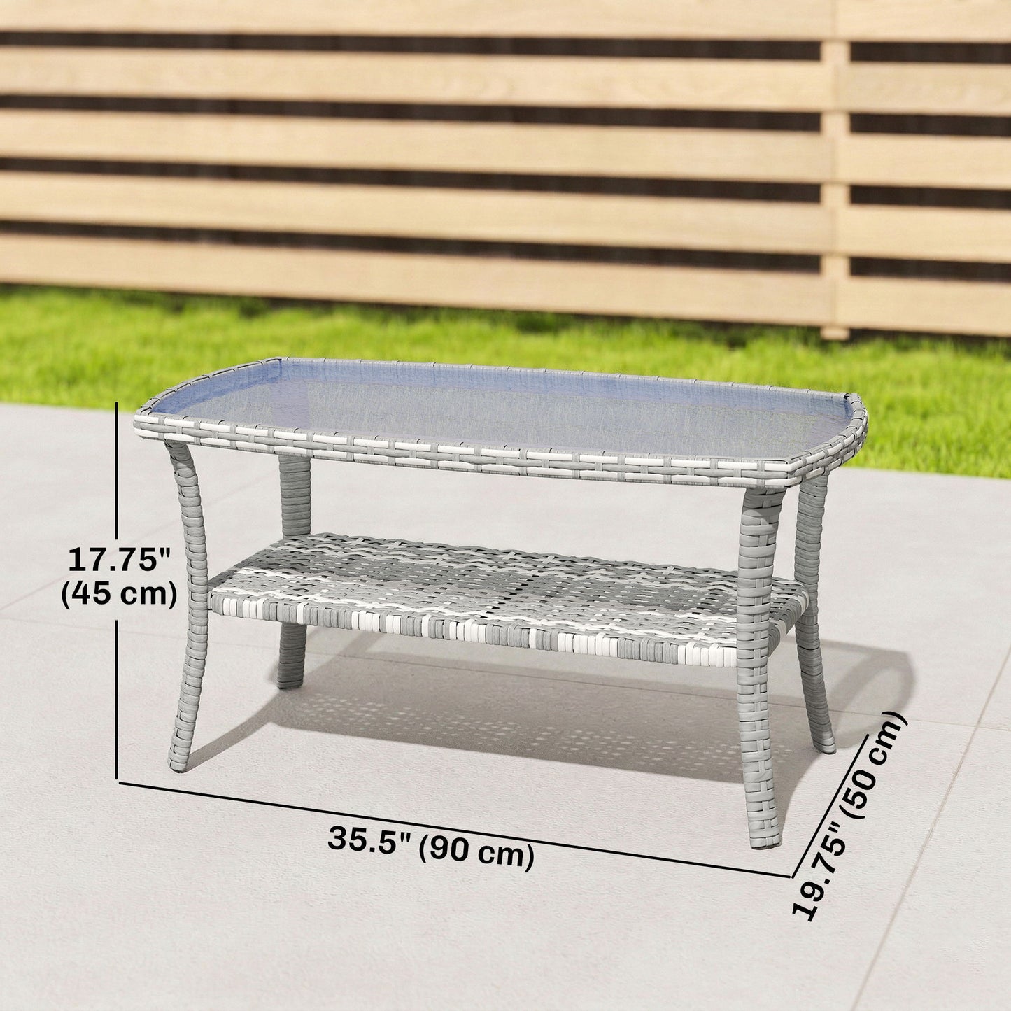 Outdoor Coffee Table with Storage Shelf, PE Wicker Patio Table with Glass Top for Garden, Backyard, Dark Grey