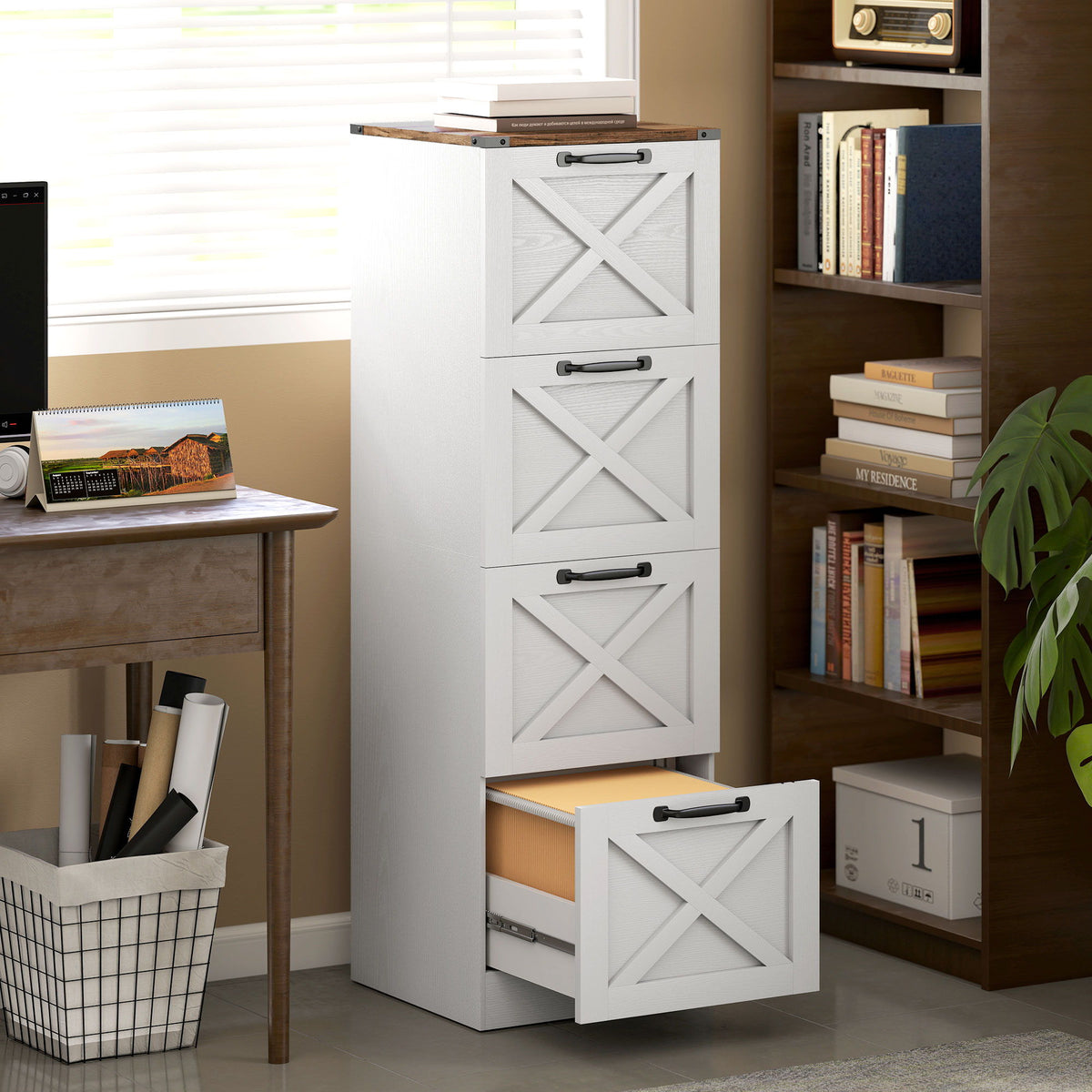 4 Drawer File Cabinet with Silent Slides, Vertical Farmhouse Filing Cabinet Fits Letter/A4 Size Home Office, White