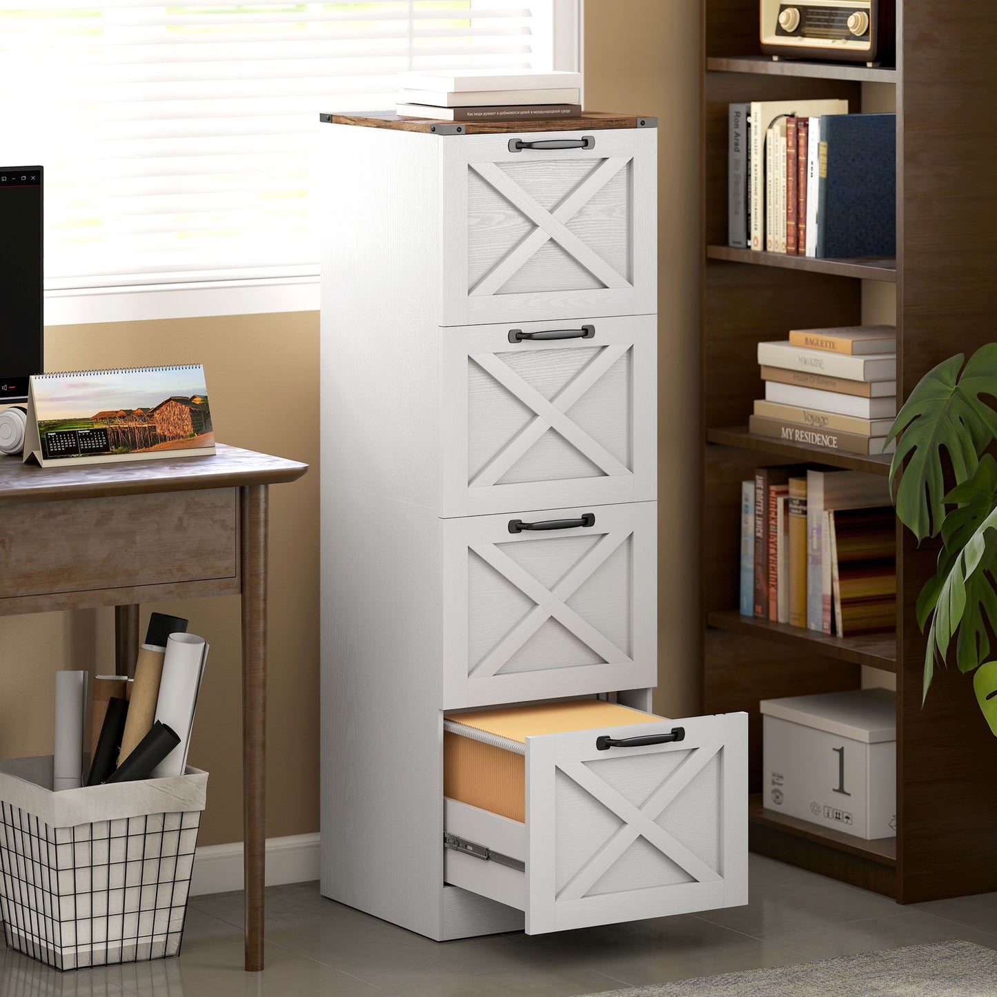 4 Drawer File Cabinet with Silent Slides, Vertical Farmhouse Filing Cabinet Fits Letter/A4 Size Home Office, White