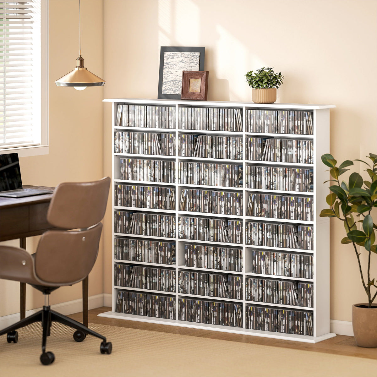 Media Storage Cabinet, 8-Tier DVD Shelf with 18 Adjustable Shelves, Holds 1032 CDs, 594 DVDs or Blu-rays, White