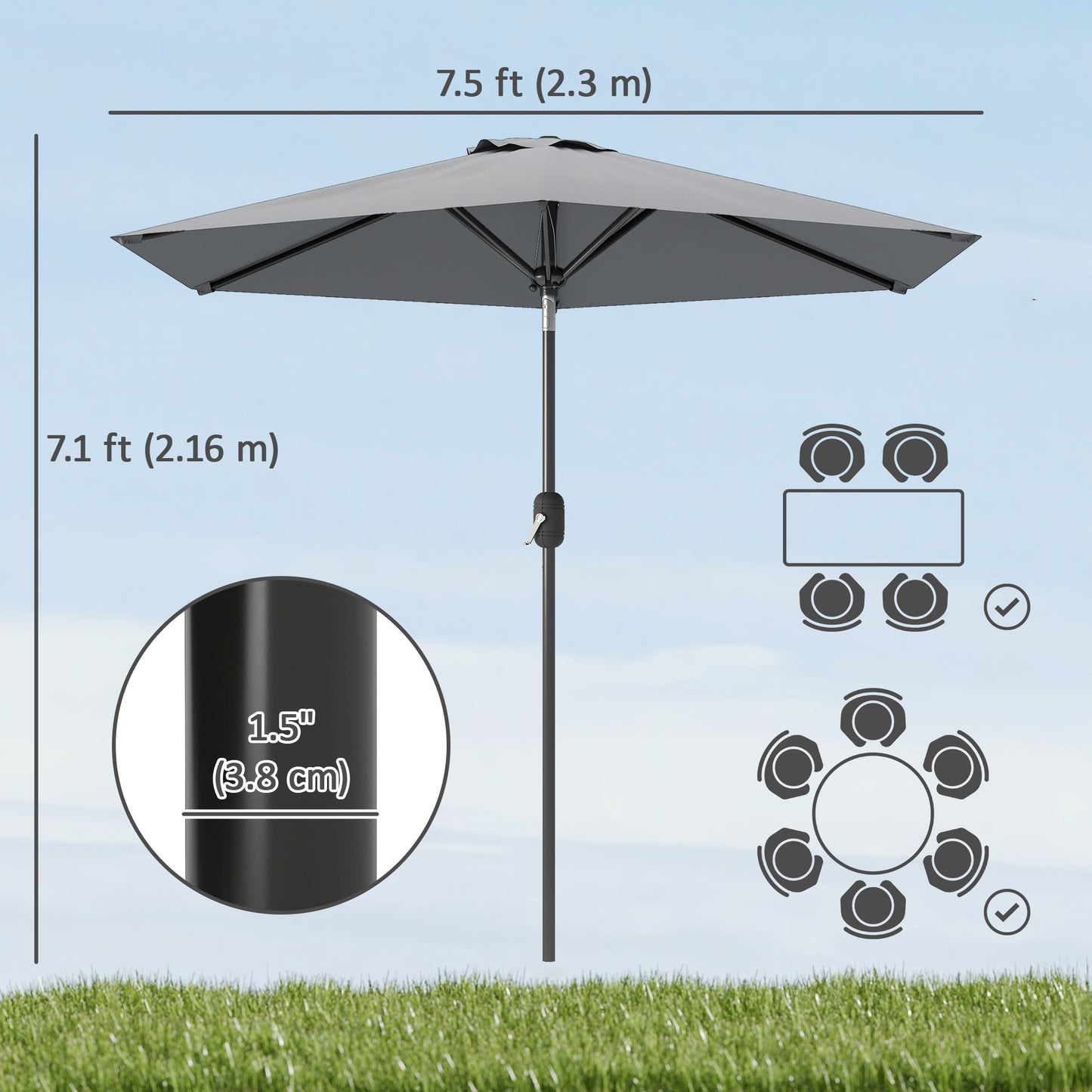 Patio Sun Umbrella, Outdoor Parasol with 6 Ribs, Light Grey