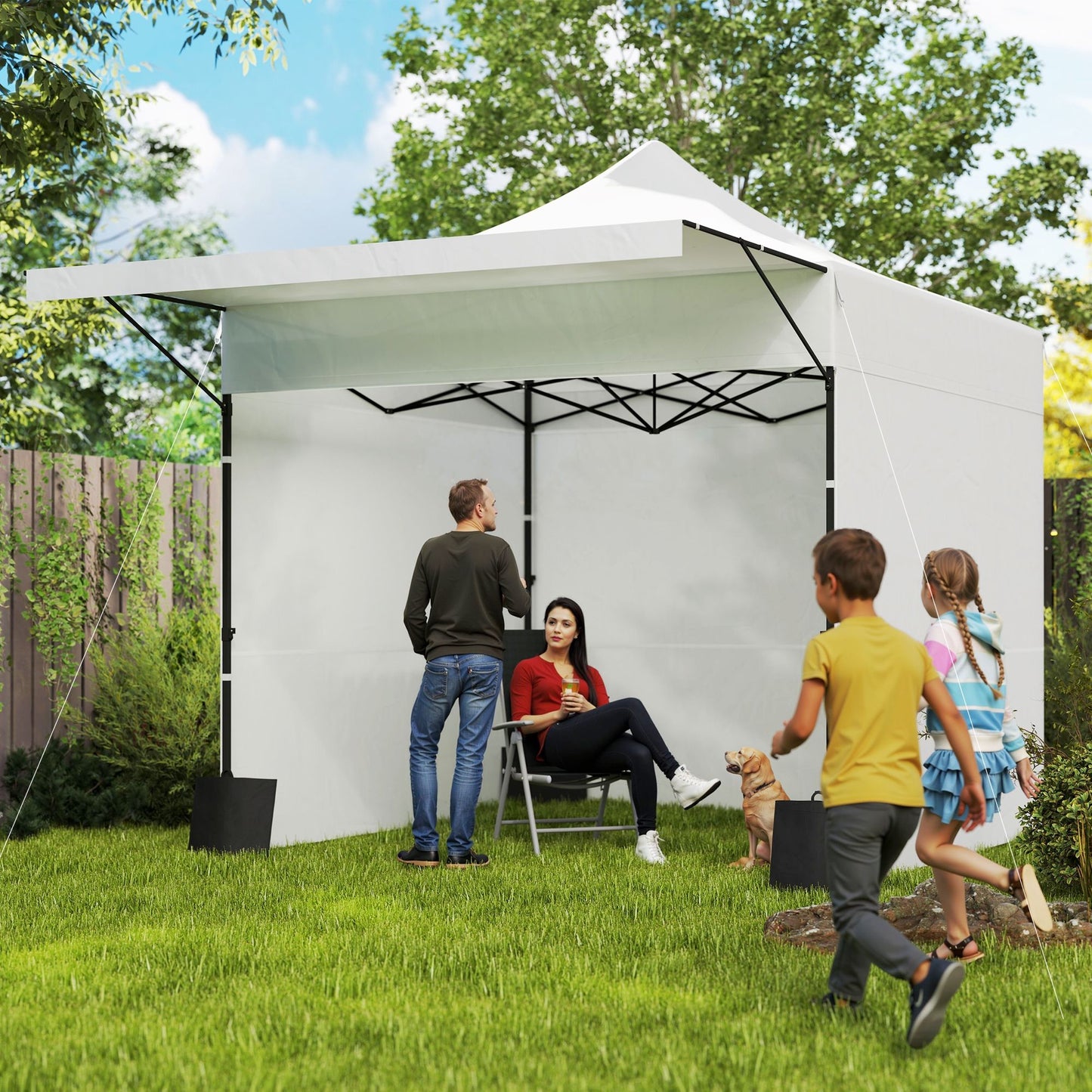 10' x 10' Pop Up Canopy Tent with Awning and Sidewalls, Instant Sun Shelter with Wheeled Bag and Sand Bags