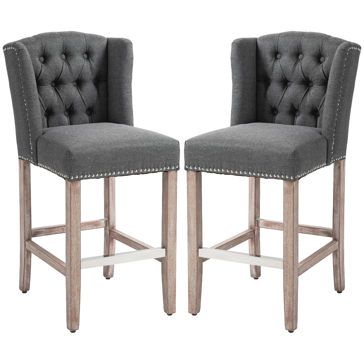 Counter Height Bar Stools Set of 2, Upholstered Bar Chairs with Nailhead Backrest and Footrest, Charcoal Grey