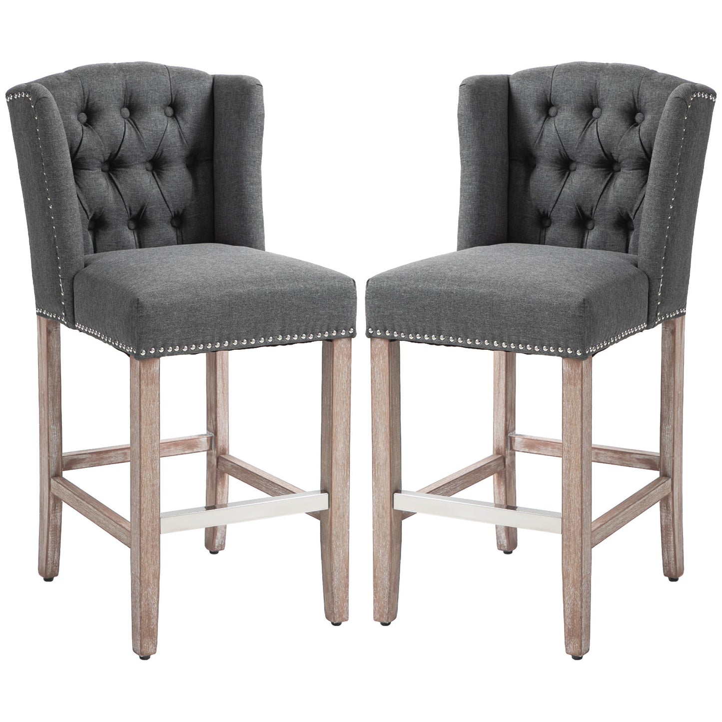 Counter Height Bar Stools Set of 2, Upholstered Bar Chairs with Nailhead Backrest and Footrest, Charcoal Grey
