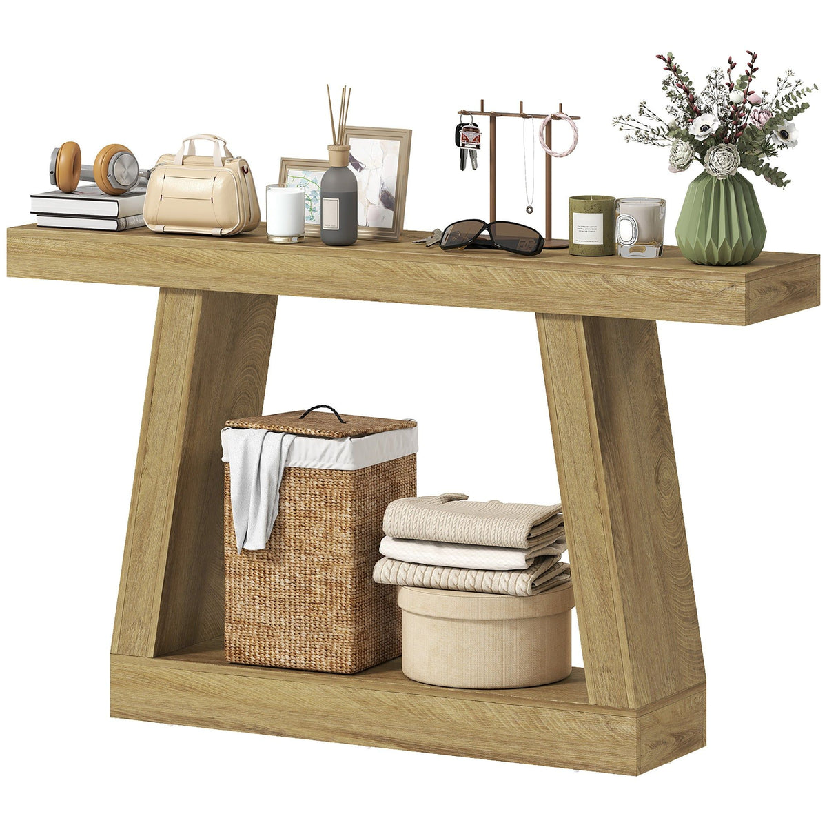 55" Farmhouse Console Table with Storage - Oak