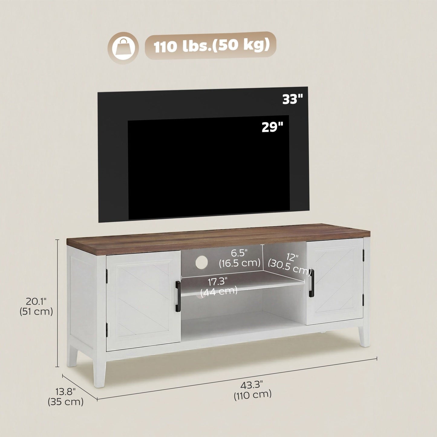 55" TV Stand with 2 Cabinets - White and Brown
