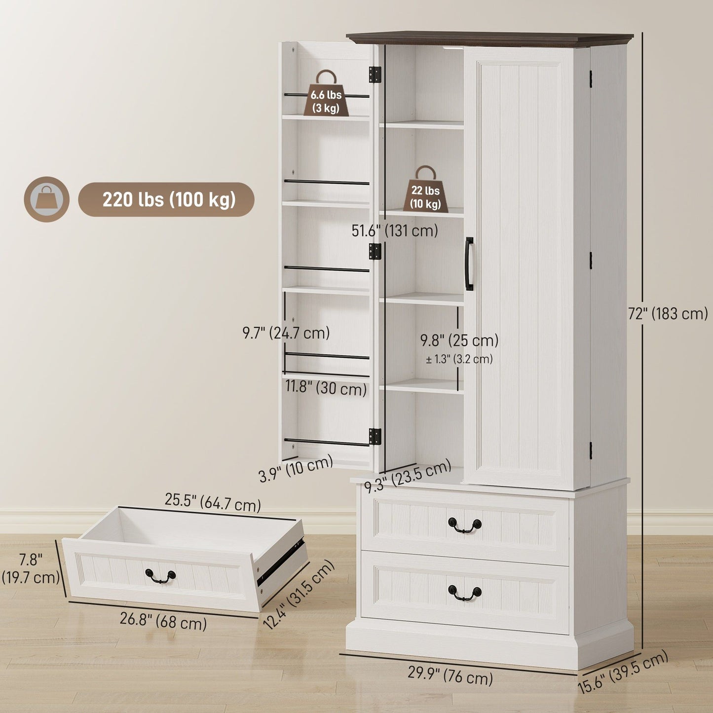 72" LED Pantry Cabinet with 2 Drawers - White