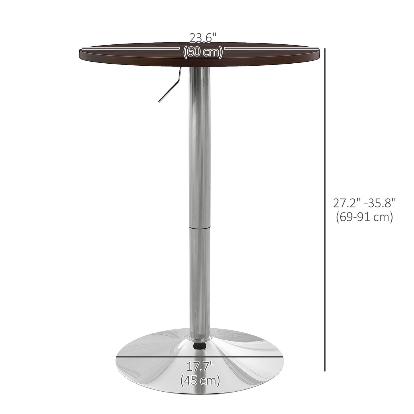 High Top Bar Table, Adjustable Round Kitchen Table with Swivel Top and Steel Base, Bistro Table for 2 People, Walnut