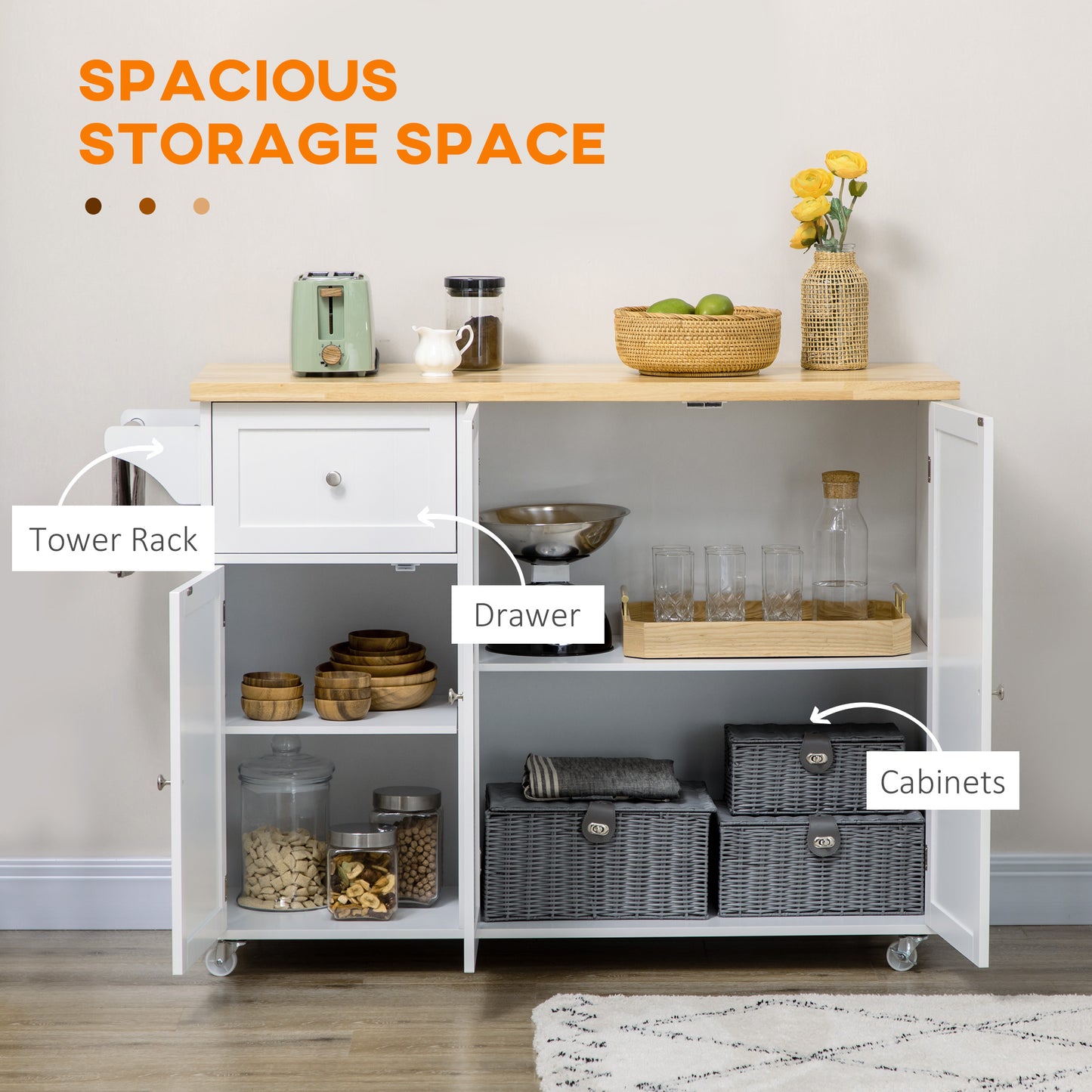Rolling Kitchen Island with Storage, Utility Kitchen Island Cart with Drawer, Cabinets, Towel Rack and Rubber Wood Top