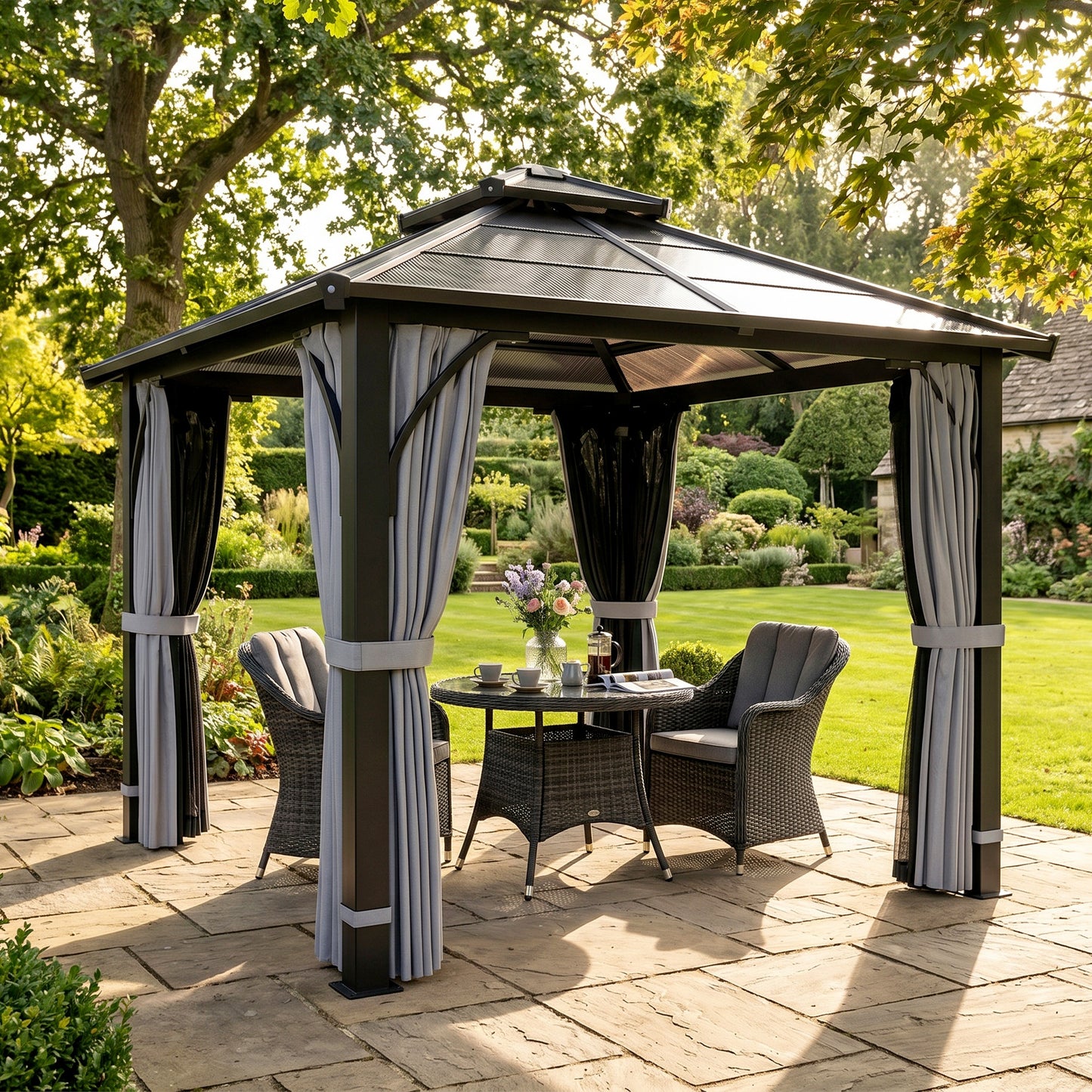 10' x 10' Hardtop Gazebo with 7mm Polycarbonate Double-Tier Roof, Outdoor Gazebo with Netting and Curtains, Dark Grey