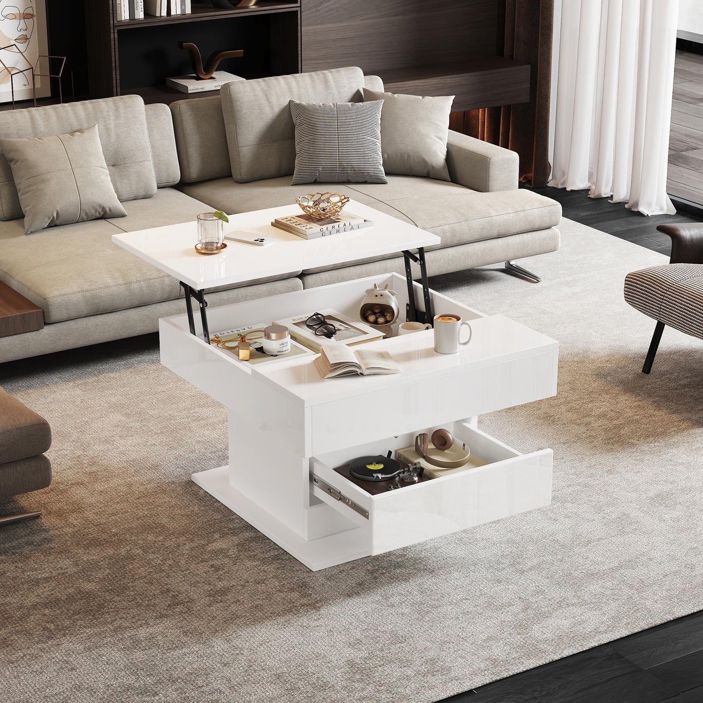 Rotating Lift-Top Coffee Table with Height-Adjustable Top, Space-Saving Side Table with Hidden Storage, 27.5'' L x 27.5'' W x 17.5'' H, White