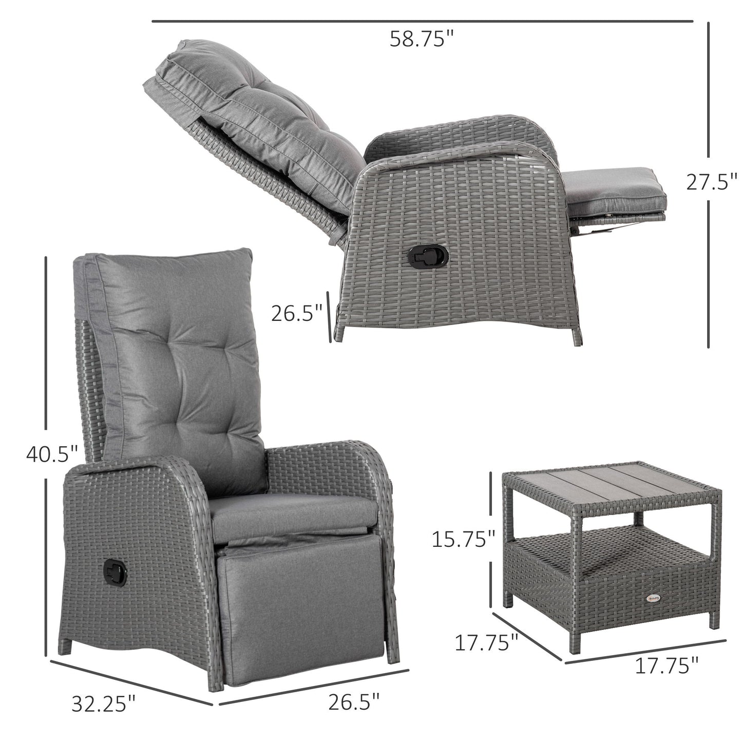 3 Pieces Patio Wicker Bistro Set, PE Rattan Coffee Table & Adjustable Recline Chairs Furniture Set with Cushions and Wood Grain Plastic Top, Grey