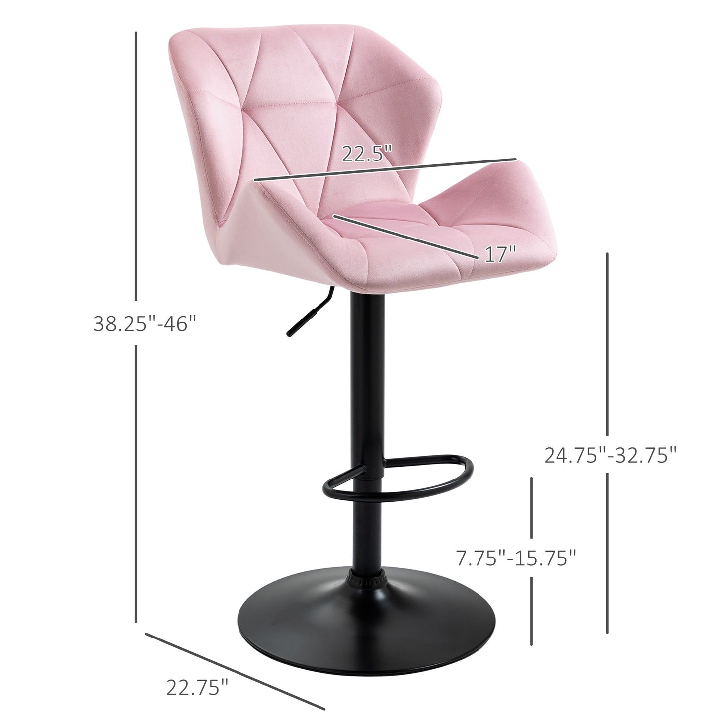 Velvet-Touch Bar Stool Set of 2 Fabric Adjustable Height Armless Counter Chairs with Swivel Seat, Pink