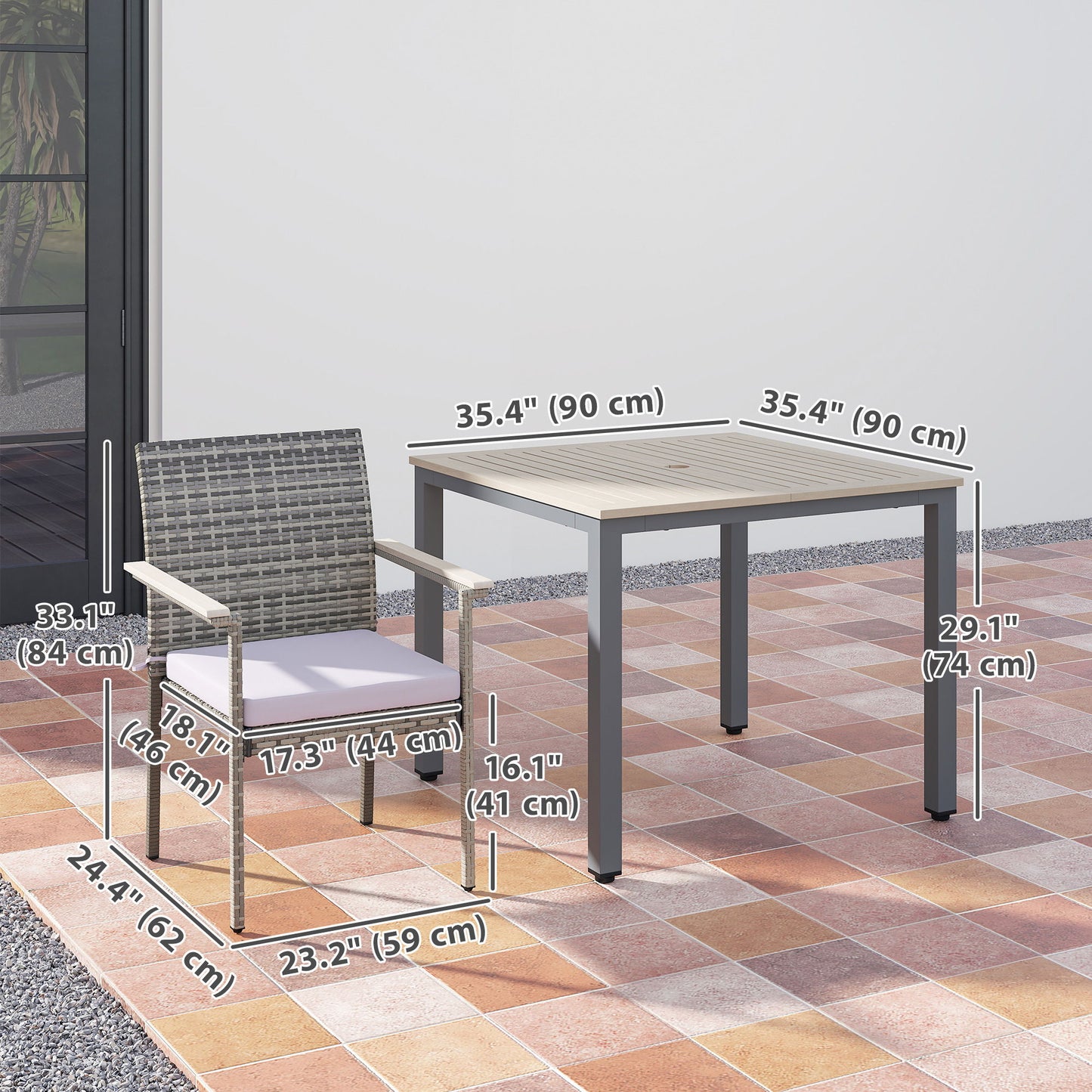 5 Pieces Wicker Outdoor Furniture Set, Rattan Patio Dining Set with Cushions, Umbrella Hole for Garden Backyard, Grey