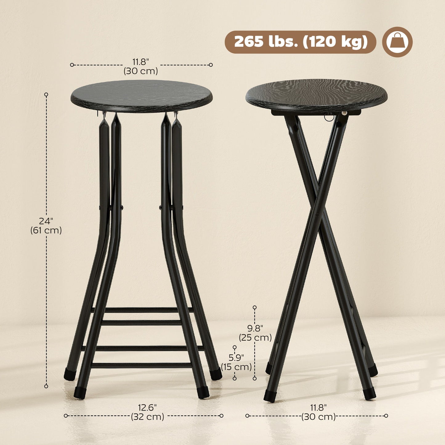 Set of 2 Foldable Barstools, Counter Height Bar Stools with Footrest and Steel Legs for Kitchen Island, Black