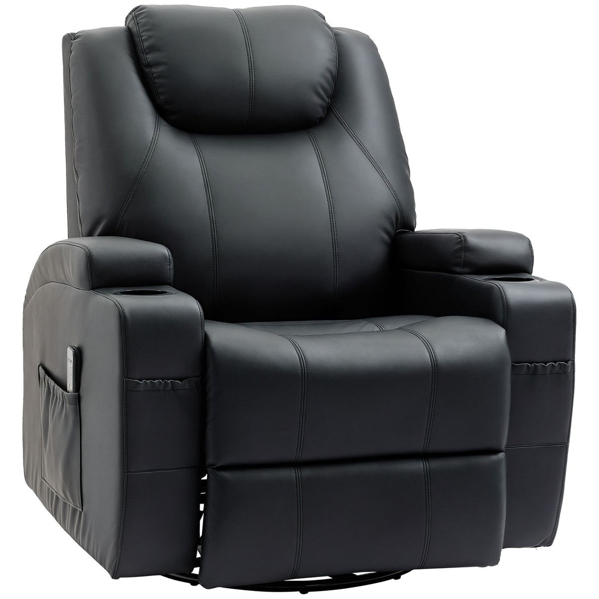 Massage Recliner Chair, Swivel Nursery Rocker Chair, Manual Reclining Sofa with 8 Vibration Points, PU Leather, Cup Holders, Side Pockets, for Living Room, Black