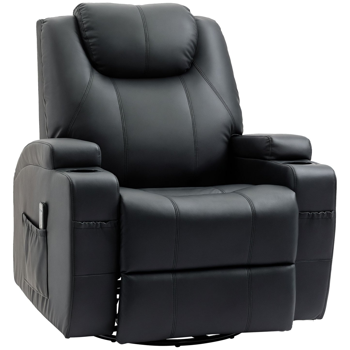 Massage Recliner Chair, Swivel Nursery Rocker Chair, Manual Reclining Sofa with 8 Vibration Points, PU Leather, Cup Holders, Side Pockets, for Living Room, Black