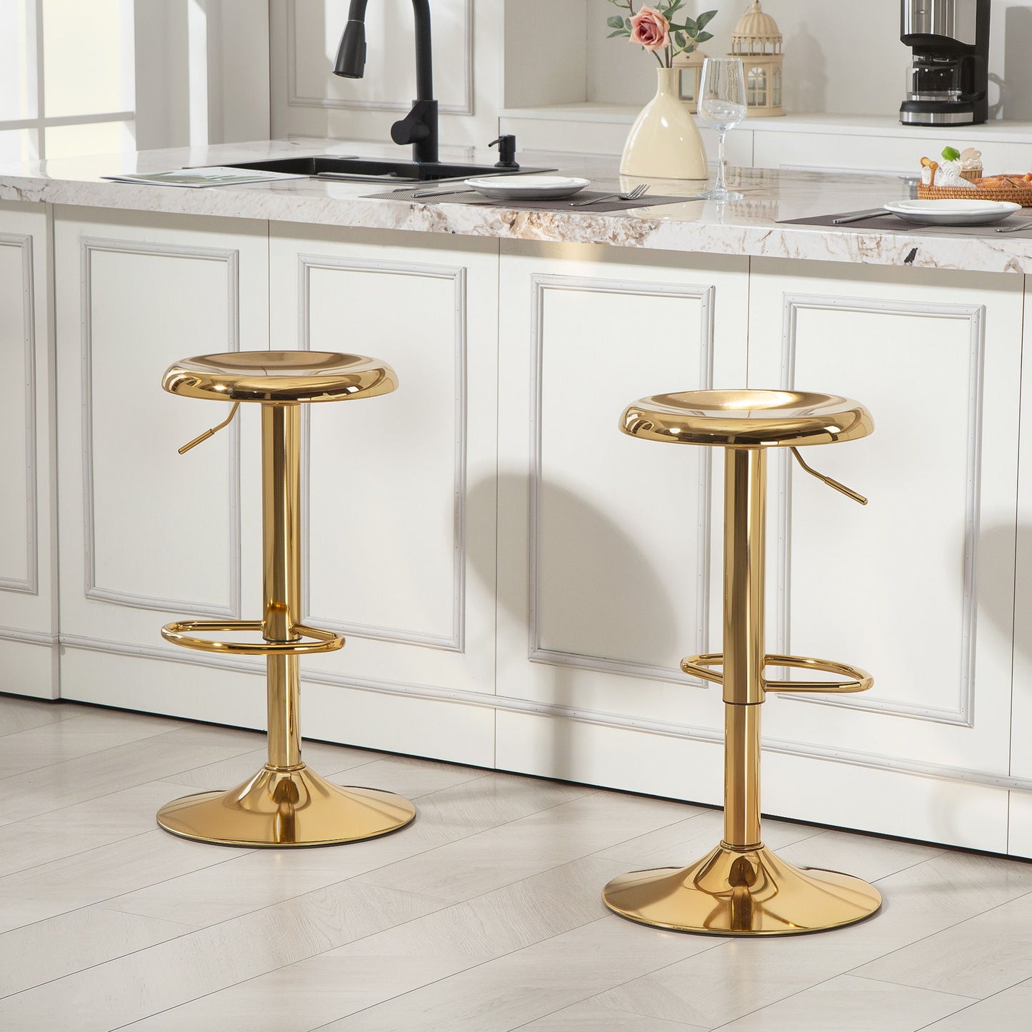 Steel Bar Stools Set of 2, Adjustable Counter Height Round Breakfast Barstools, Industrial Swivel Bar Chairs, Gold