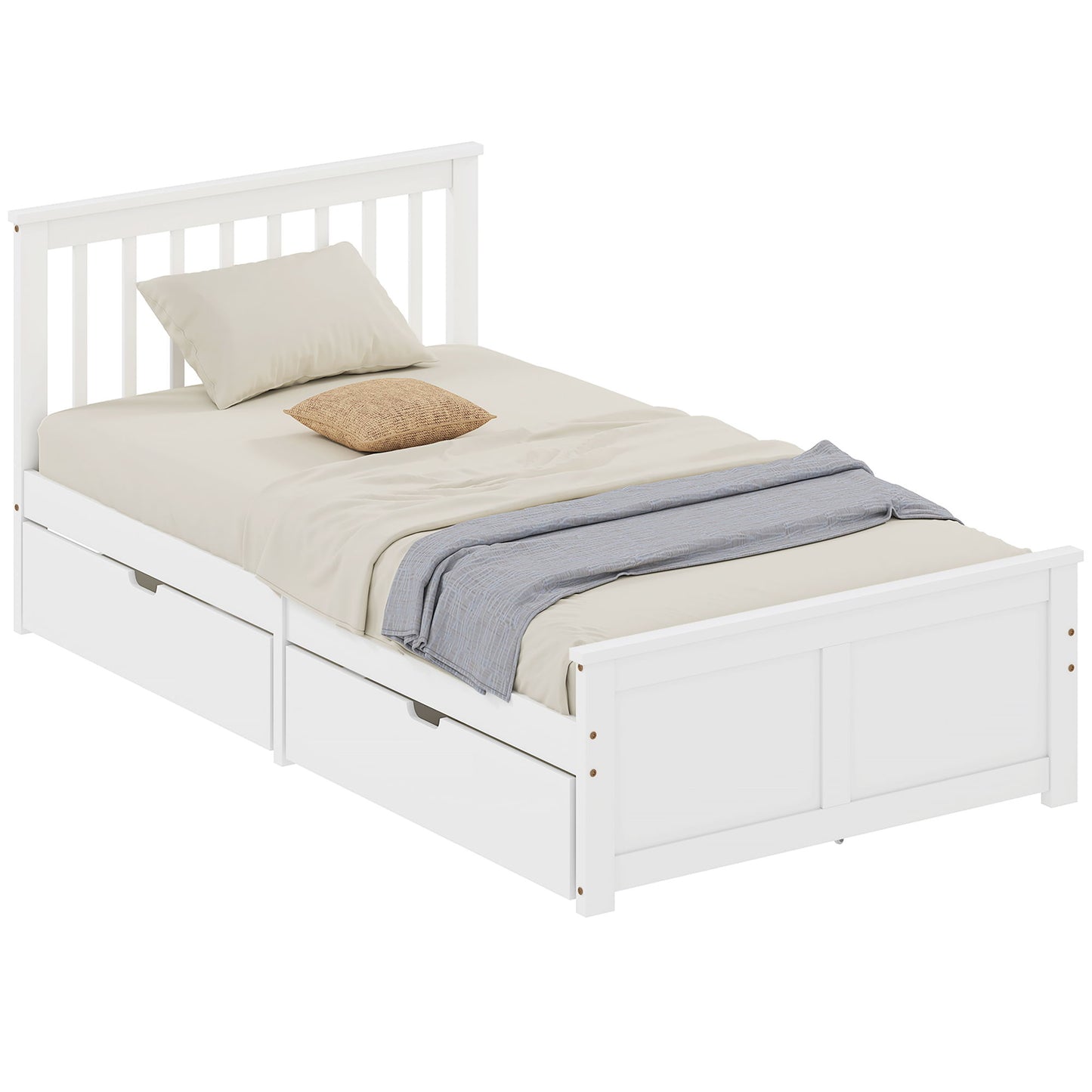 Pine Twin Bed Frame, Wood Storage Bed Frame with Drawers, Wood Slat Support, No Box Spring Needed, Easy Assembly, White
