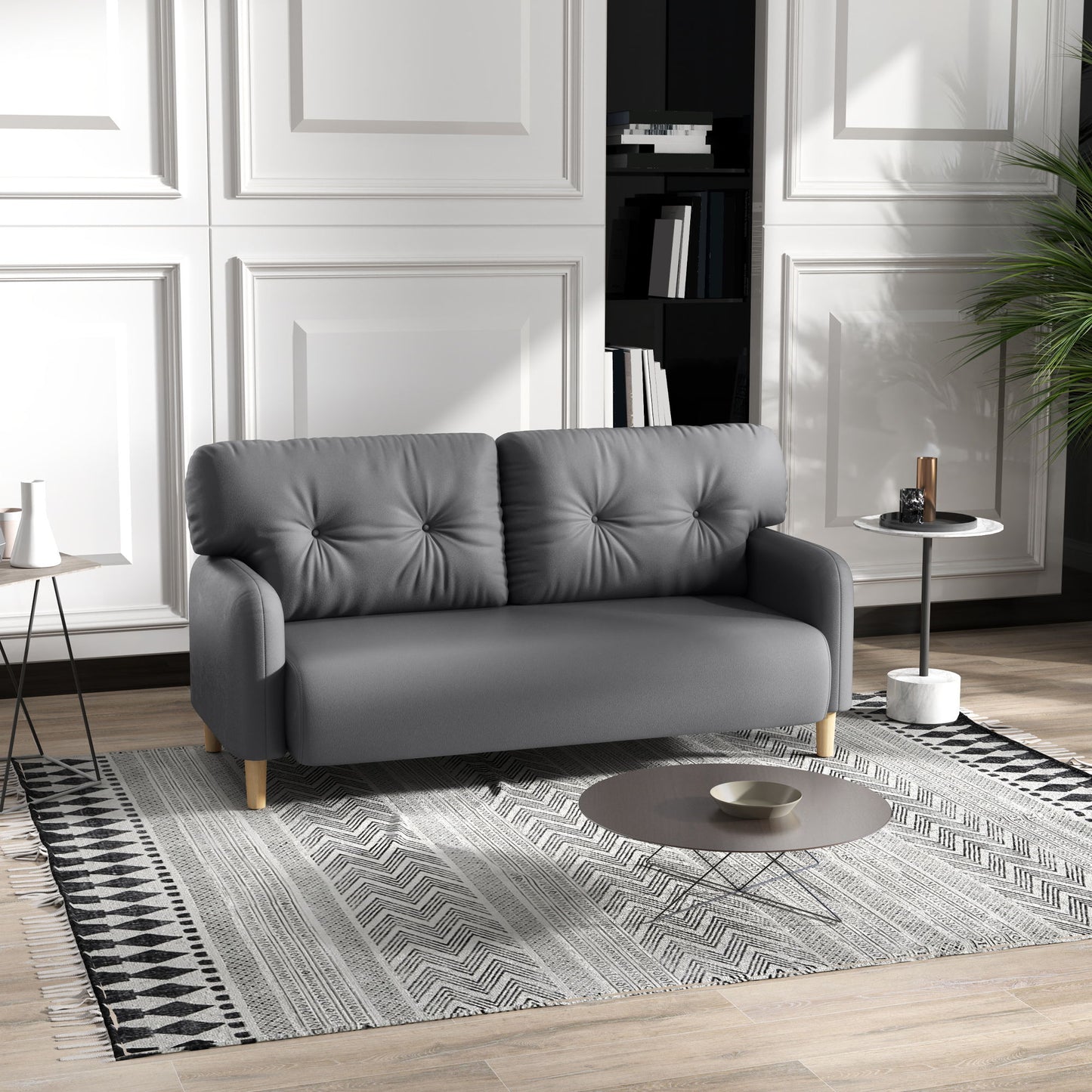 58" 2 Seat Sofa, Modern Love Seats Furniture, Upholstered 2 Seater Couch, Solid Wood Frame, Grey